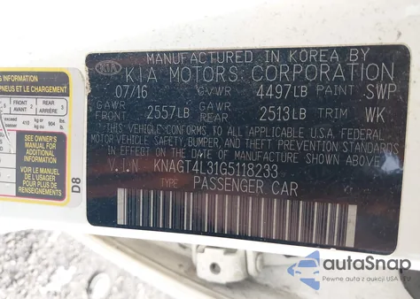 2016 Kia Optima Lx из США, поврежденный, VIN KNAGT4L31G5118233